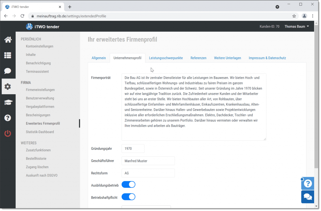 Firmenprofil - Definition der Einstellungen